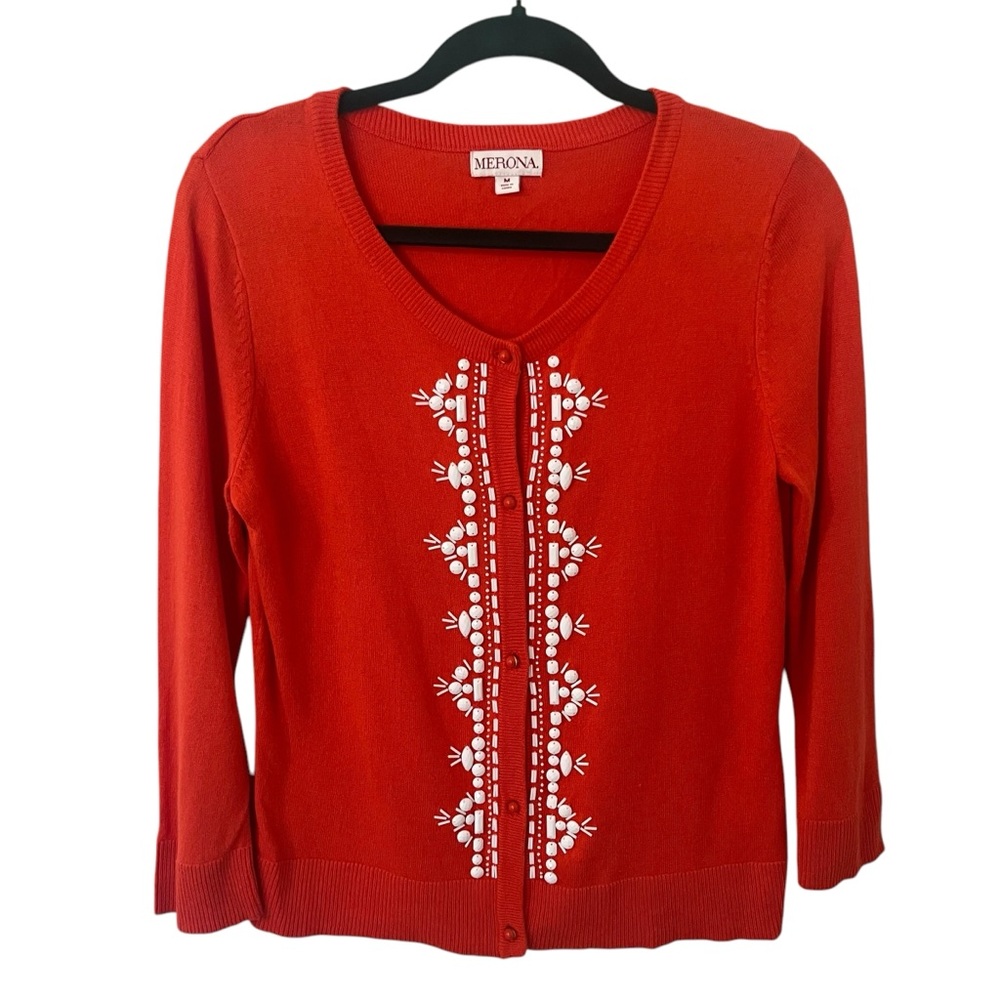 Merona 2010 red/orange beaded button up cardigan sweater size medium long sleeve